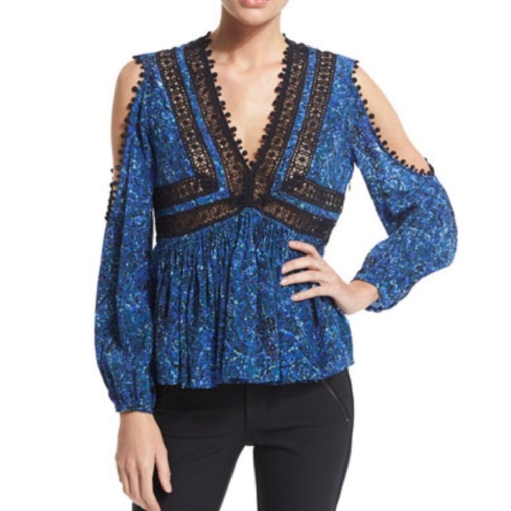 Rebecca Taylor Blue Long-Sleeve Paisley Cold-Shoulder Silk Lace Blouse size 6
